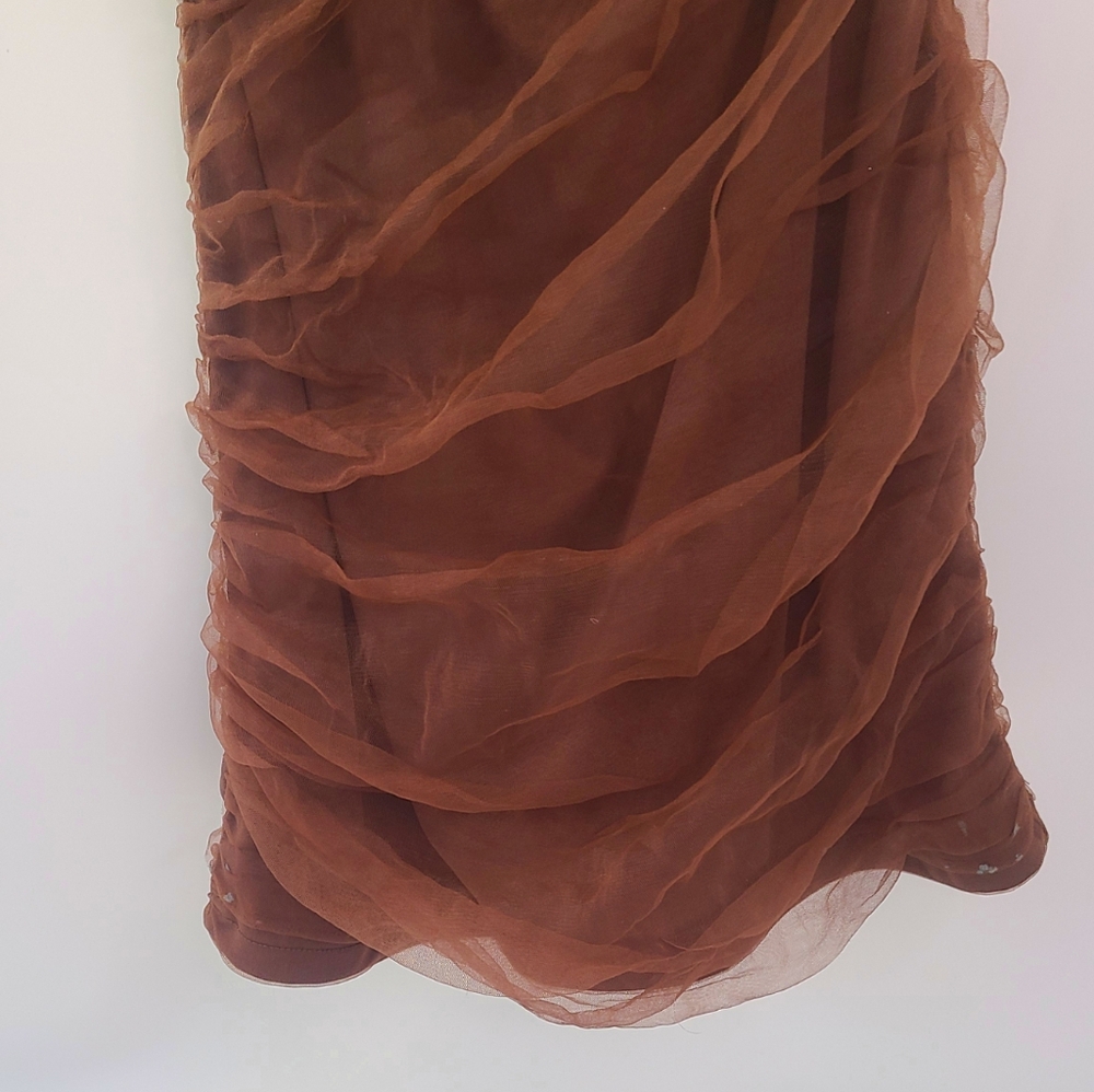Zara brown one sleeve asymmetric lace ruched cut out bodycon dress size medium M - Picture 6 of 6